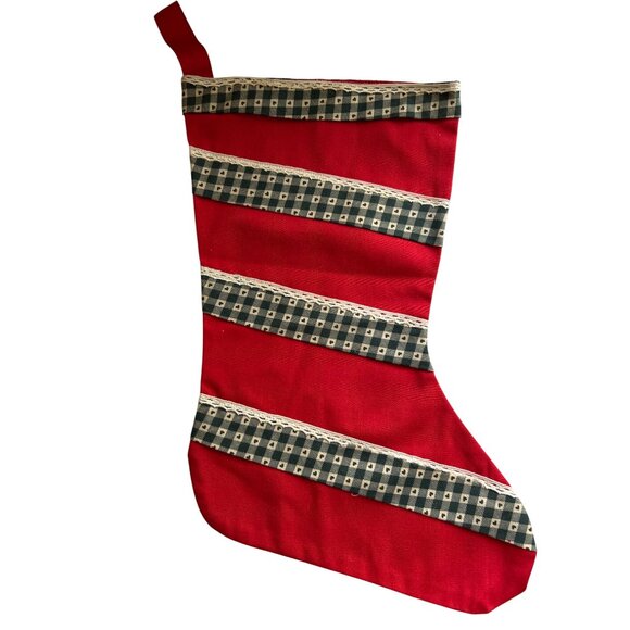 Handmade Vintage Christmas Stockings Red Cotton Green Gingham Trim Holiday Decor - Picture 5 of 8
